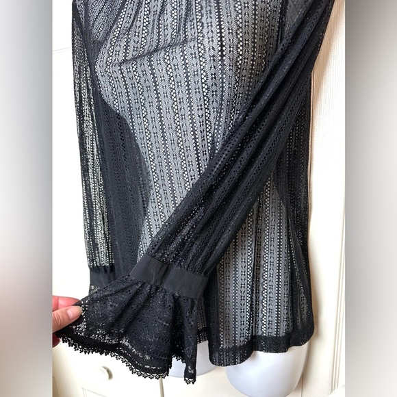 TRINA TURK Cicero Mock Neck Black Noir Lace Blouse Top Shirt Semi Sheer Ruffle - Picture 10 of 15